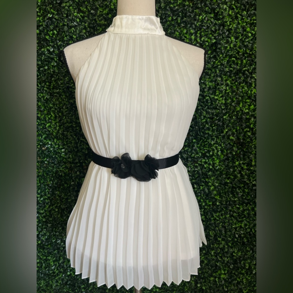 NWOT A-BYER Elegant White Pleated Dress with Black Floral Belt